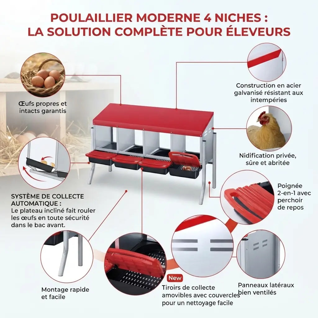 Planche des caractéristiques du pondoir 4 niches sur pieds, collecte automatique et tiroirs amovibles
