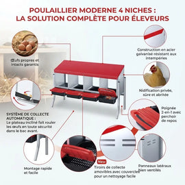 Planche des caractéristiques du pondoir 4 niches sur pieds, collecte automatique et tiroirs amovibles