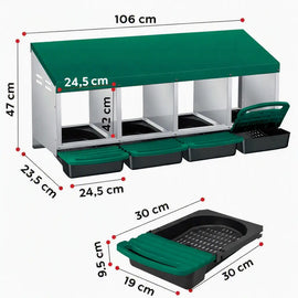 Schéma coté du pondoir 4 cases, 106 x 47 x 23,5 cm, nid de 24,5 x 42 cm, bac de 30 x 30 x 9,5 cm