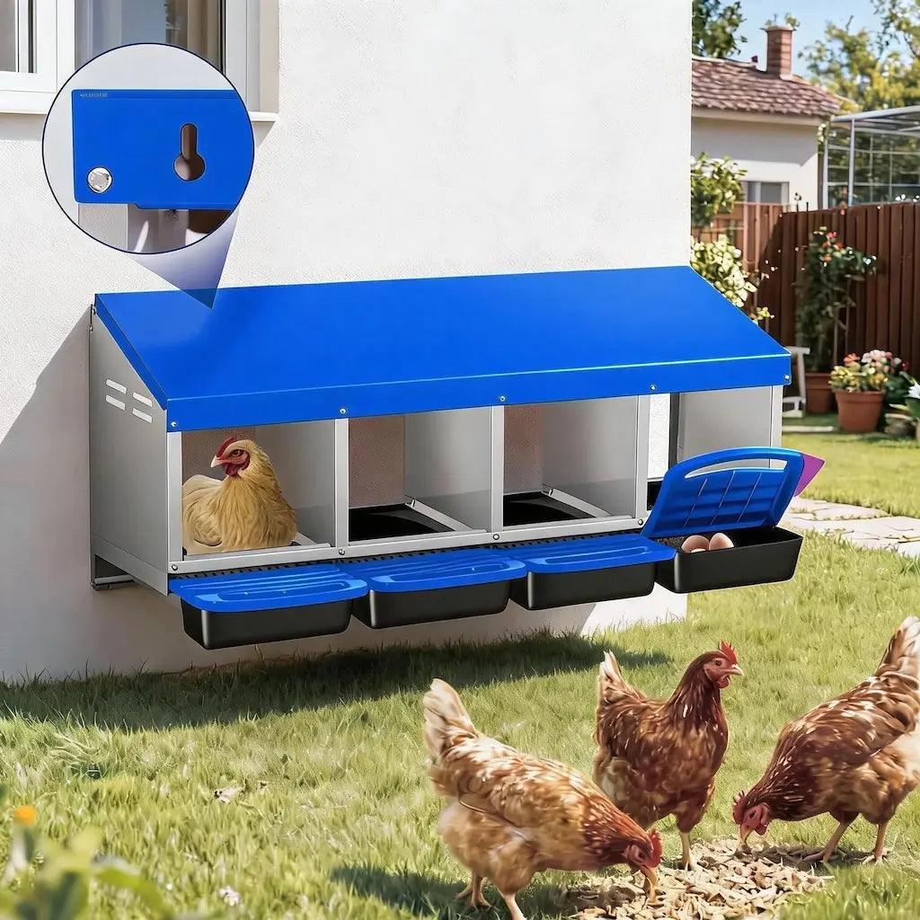 Pondoir 4 cases fixé au mur d'une maison, poules qui picorent devant