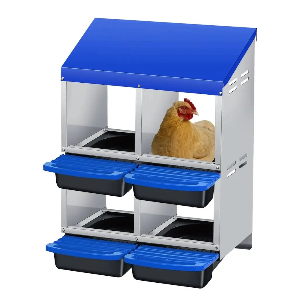 Pondoir 4 nids à deux étages, toit et bacs bleus, une poule dans un nid