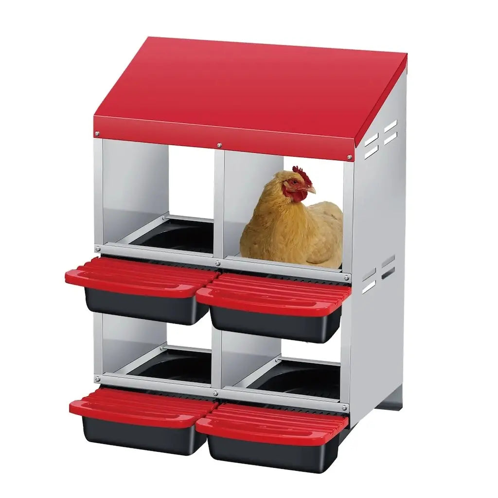 Pondoir 4 nids à deux étages, toit et bacs rouges, une poule dans un nid