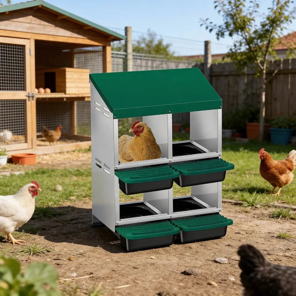 Pondoir à deux étages posé dans un parcours, poules autour