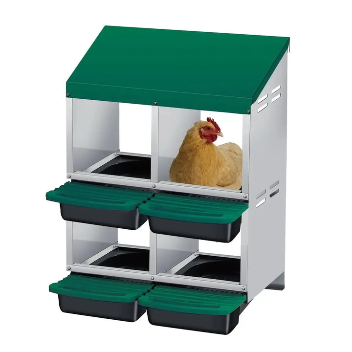 Pondoir 4 nids à deux étages, toit et bacs verts, une poule installée dans un nid