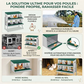Planche des caractéristiques du pondoir 6 cases, perchoir souple et deux modes de pose