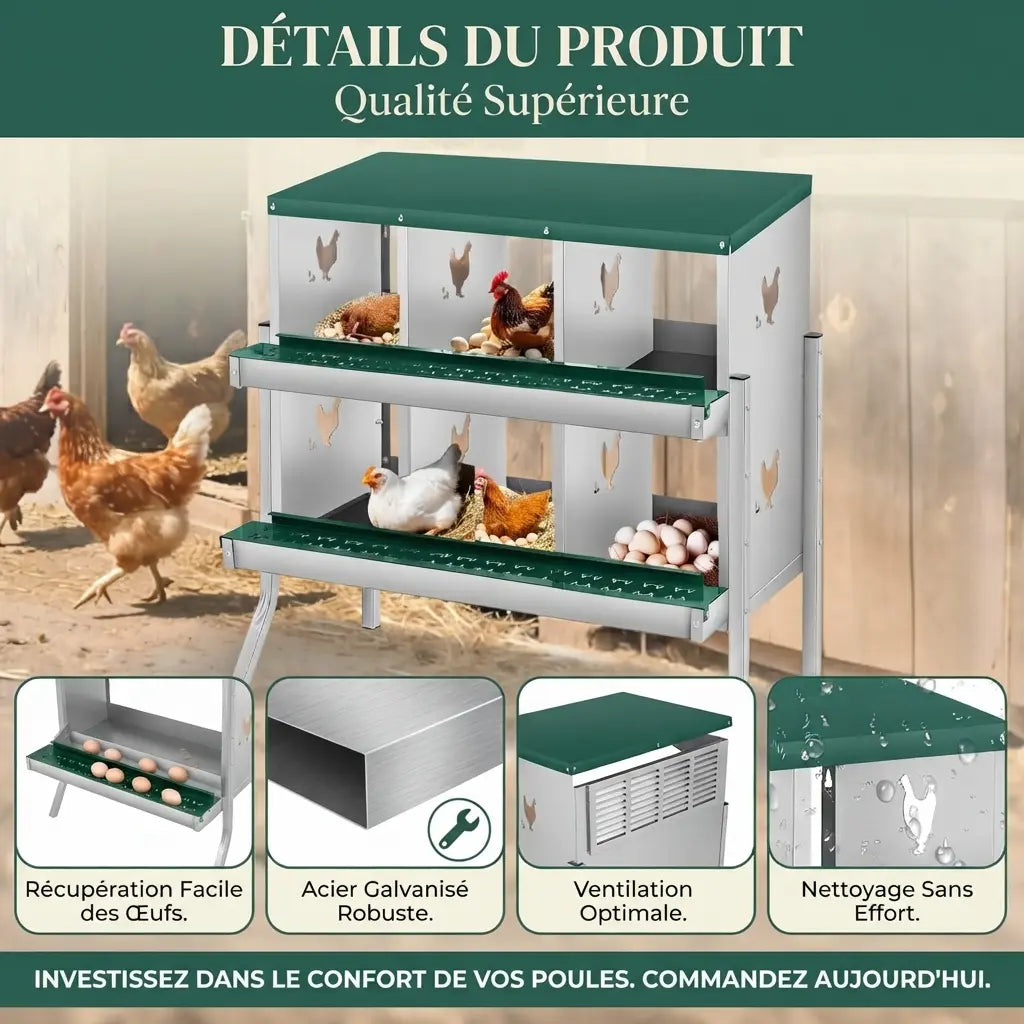 Détails du pondoir 6 cases, récupération des œufs, acier galvanisé et ventilation