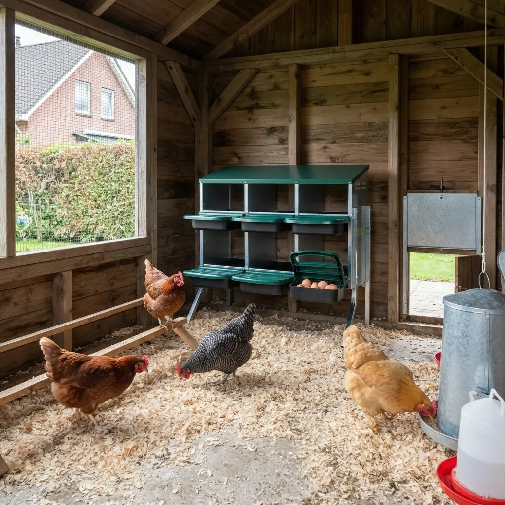 Pondoir collectif installé dans un poulailler en bois, poules devant