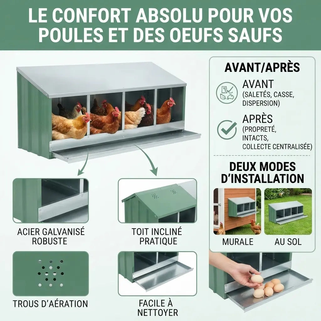 Planche des caractéristiques du pondoir 6 poules, acier galvanisé, toit incliné et trous d'aération