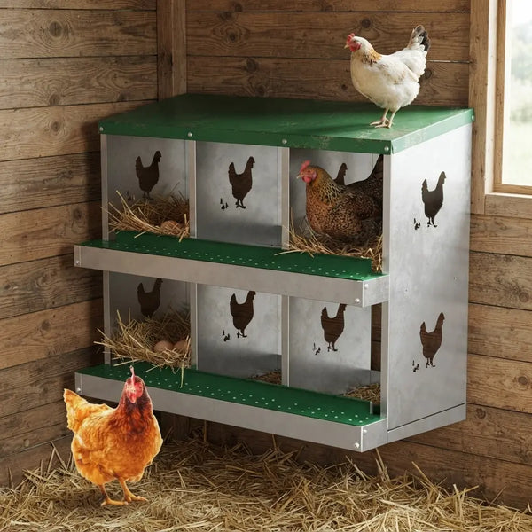 Pondoir 6 poules installé sur de la paille, poules dans les nids