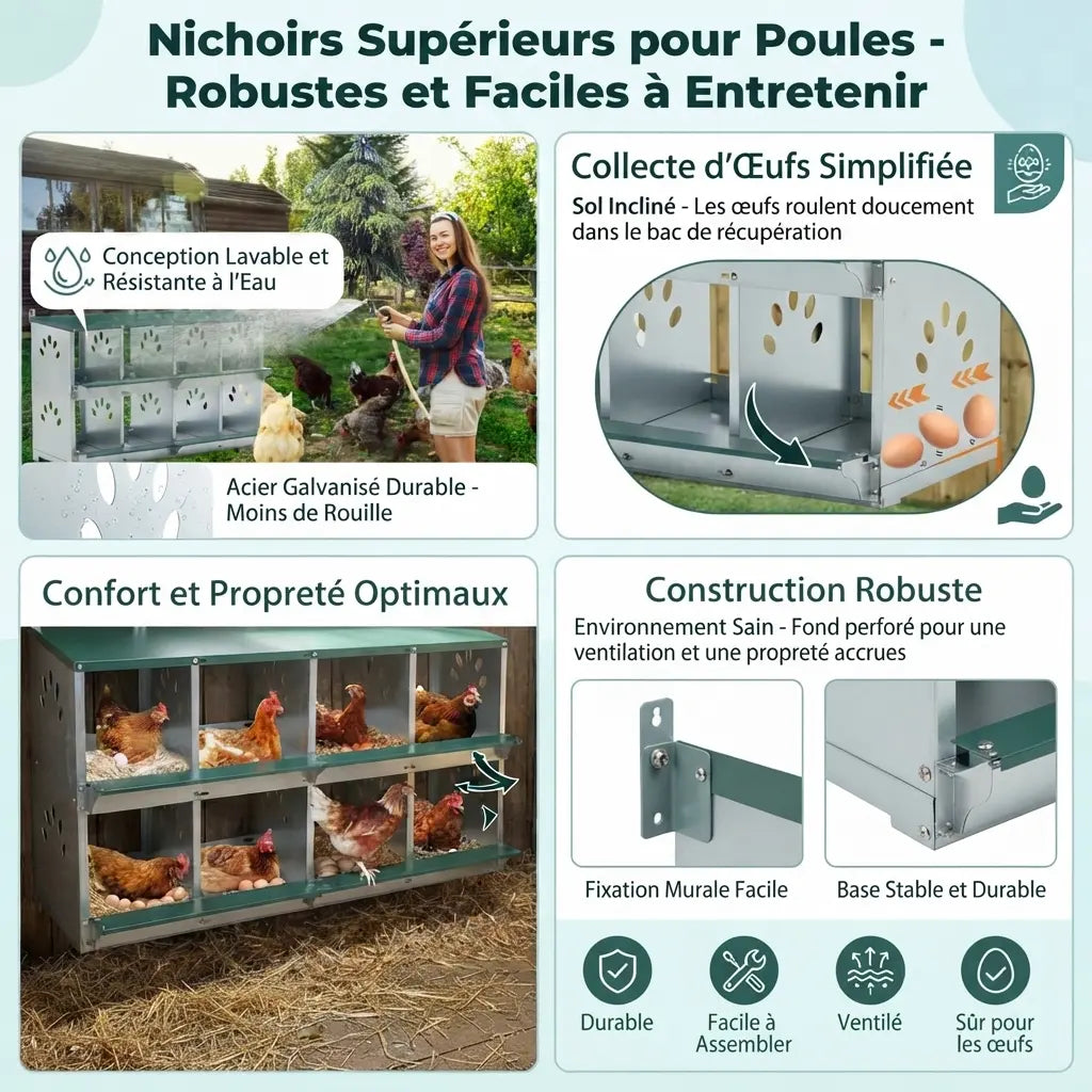 Planche des caractéristiques du pondoir mural, sol incliné, fond perforé et fixation murale