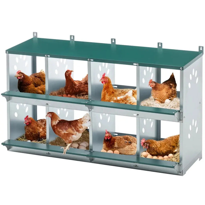 Pondoir mural 8 cases en métal, huit nids sur deux rangées avec des poules