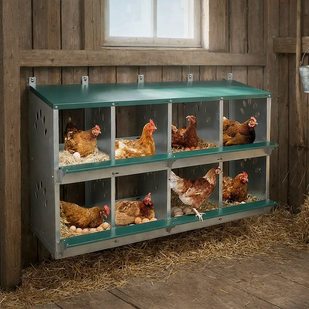 Pondoir mural 8 cases fixé sur une paroi en bois de grange, poules dans les nids