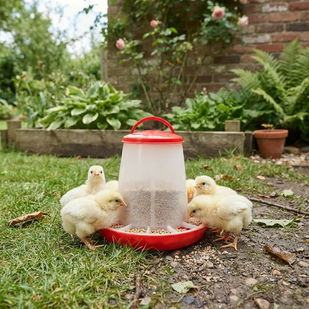 Poussins autour de la mangeoire remplie de granulés dans un jardin