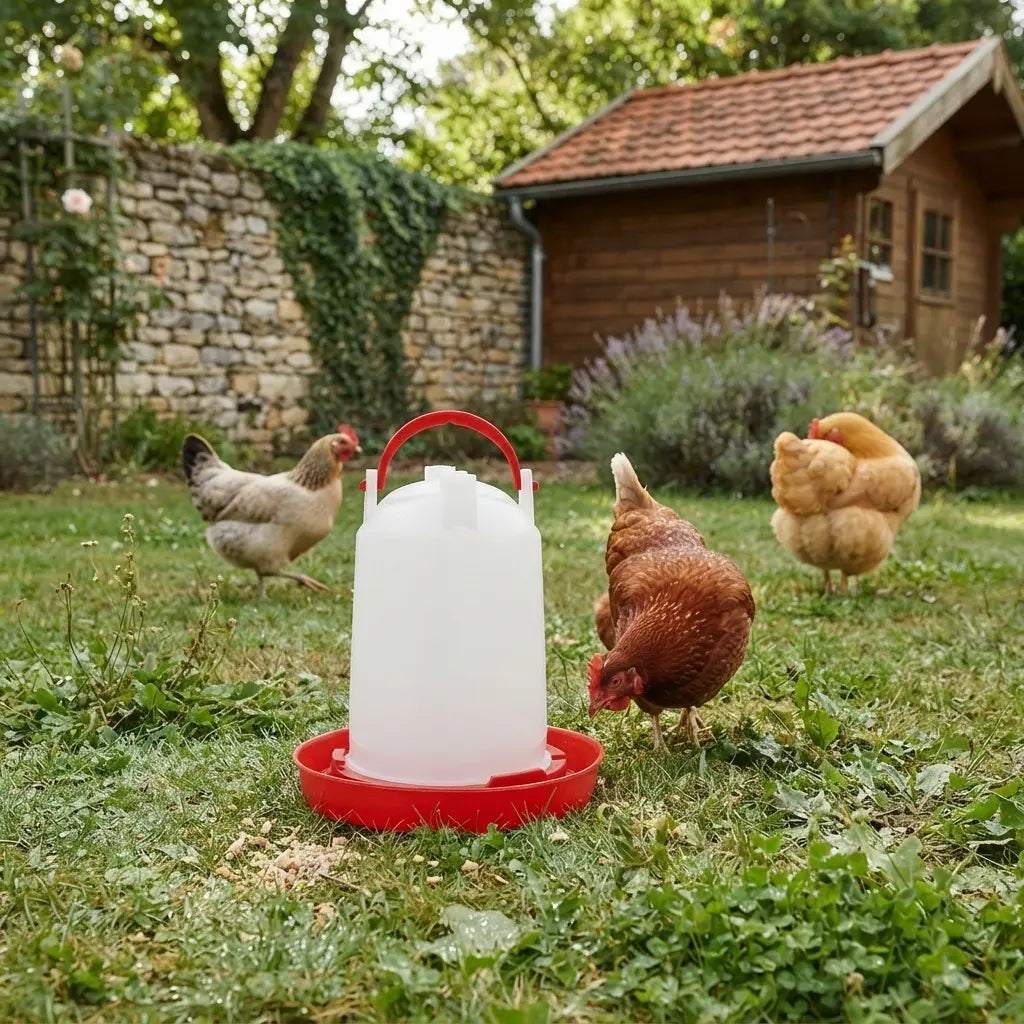 Abreuvoir posé dans l'herbe, trois poules autour