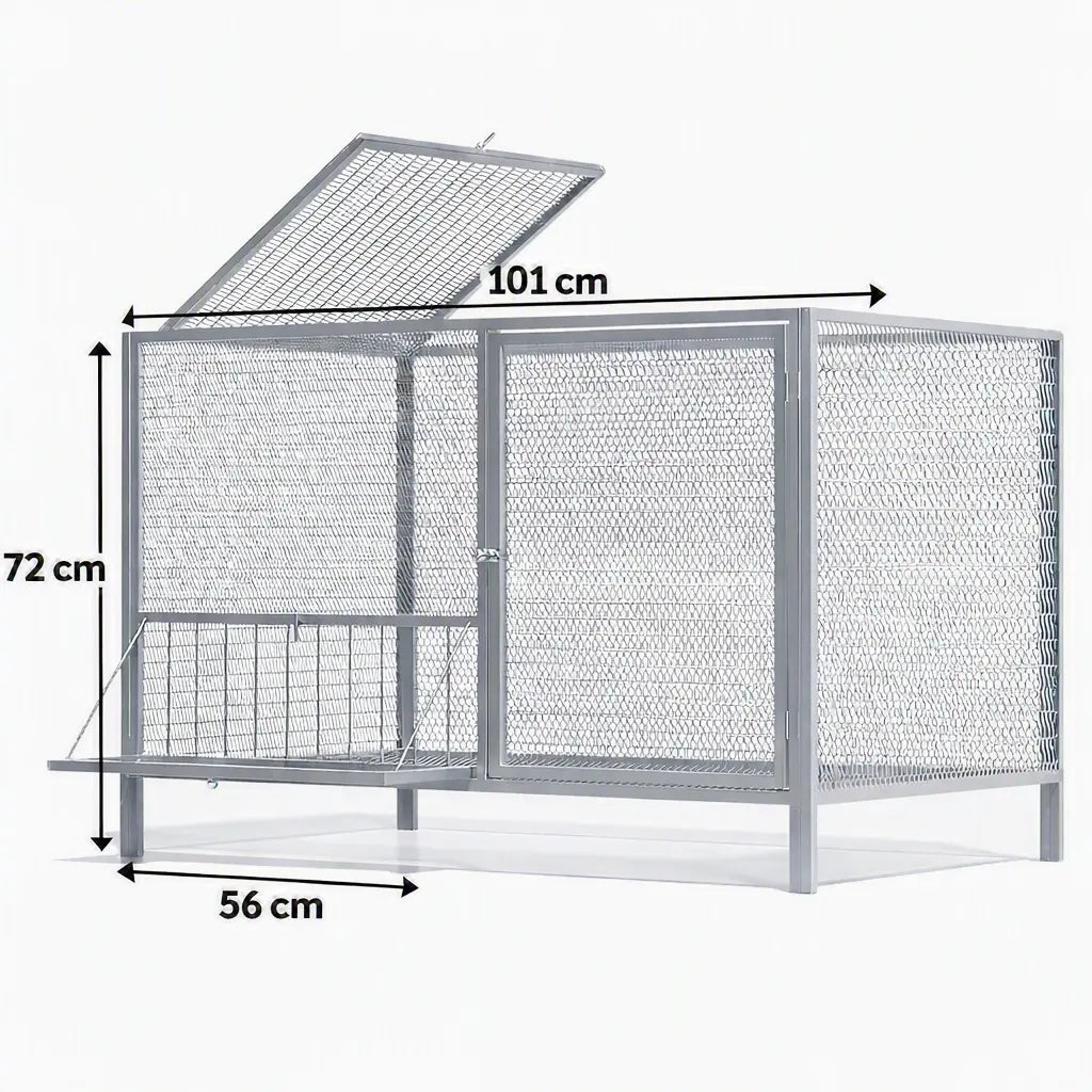 Plan coté de la cage grillagée : 101 cm de long, 56 cm de large, 72 cm de haut