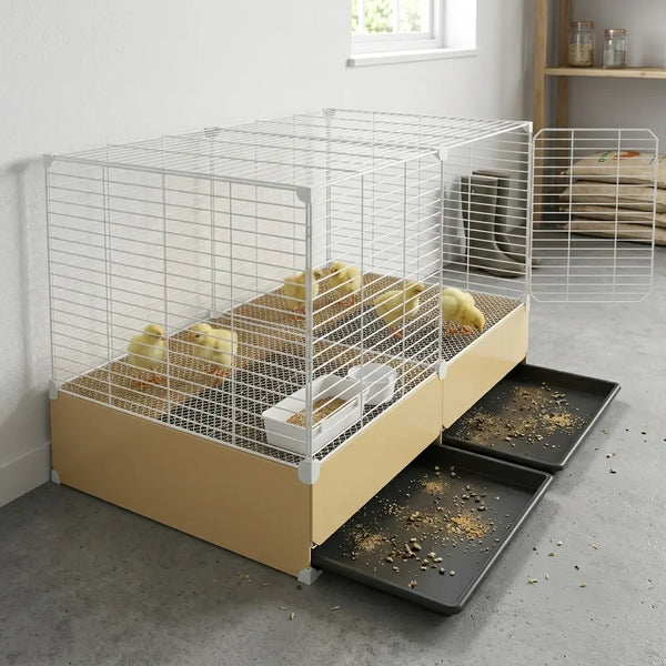 Cage à poussins posée au sol, poussins autour de la mangeoire, tiroirs sortis