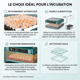 Quatre atouts détaillés : retournement automatique, double alimentation 220 et 12 volts, structure monocouche, châssis amovible