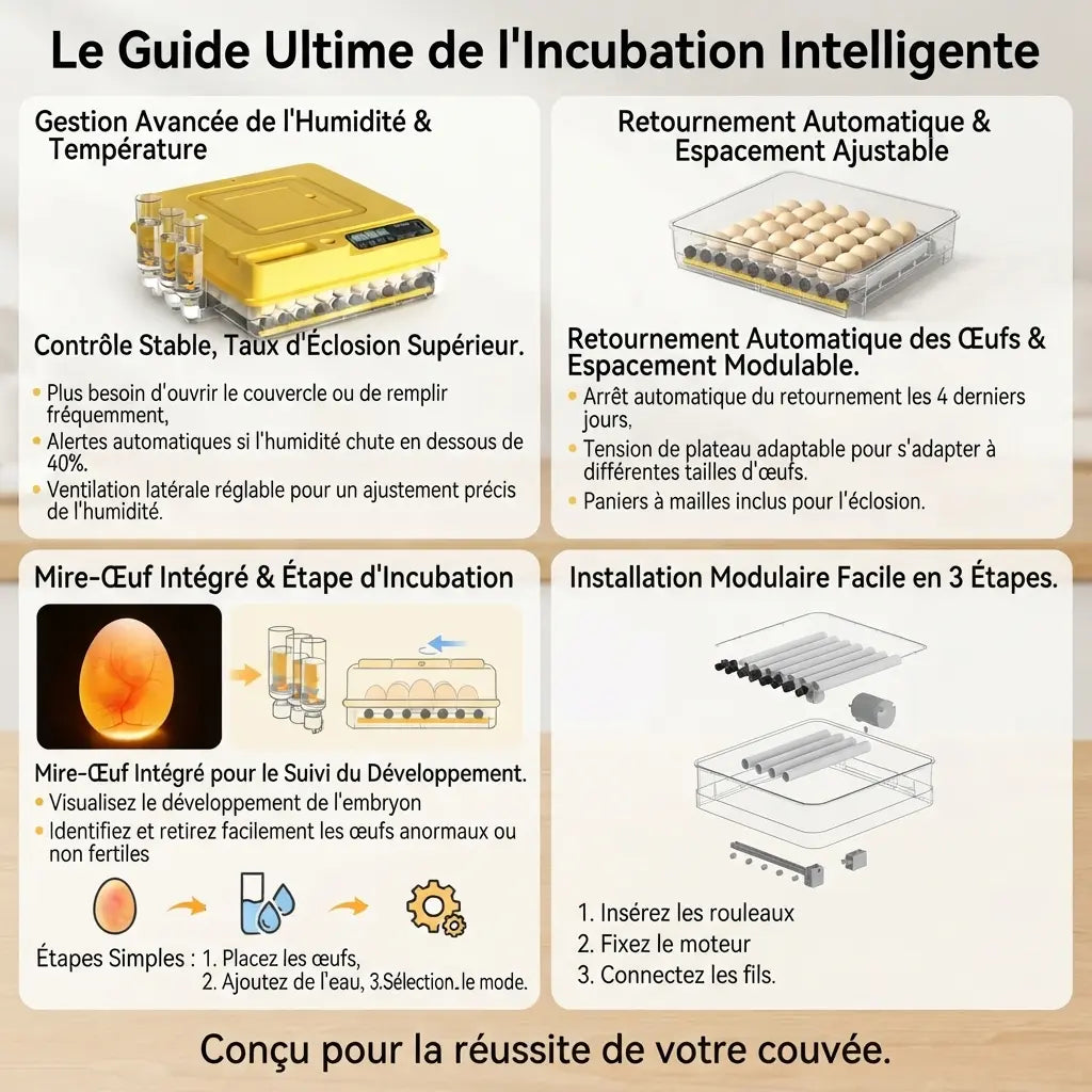 Guide d'incubation : gestion de l'humidité, retournement automatique, mire-œufs intégré et montage en trois étapes