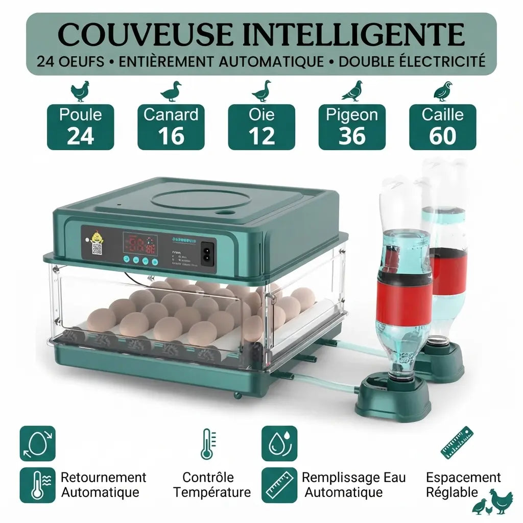 Capacité du modèle 24 œufs : 24 œufs de poule, 16 de canard, 12 d'oie, 36 de pigeon, 60 de caille