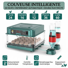 Capacité du modèle 24 œufs : 24 œufs de poule, 16 de canard, 12 d'oie, 36 de pigeon, 60 de caille