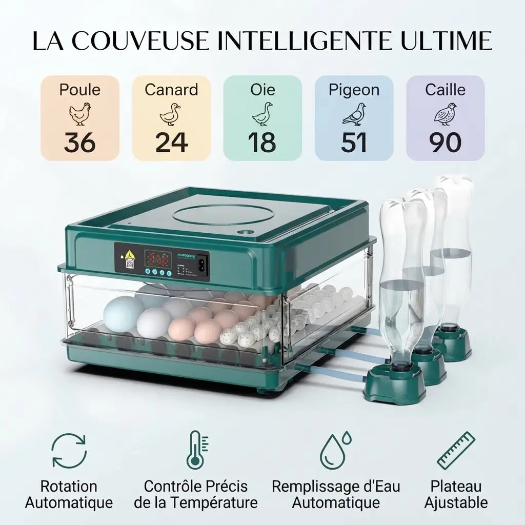 Capacité du modèle 36 œufs : 36 œufs de poule, 24 de canard, 18 d'oie, 51 de pigeon, 90 de caille