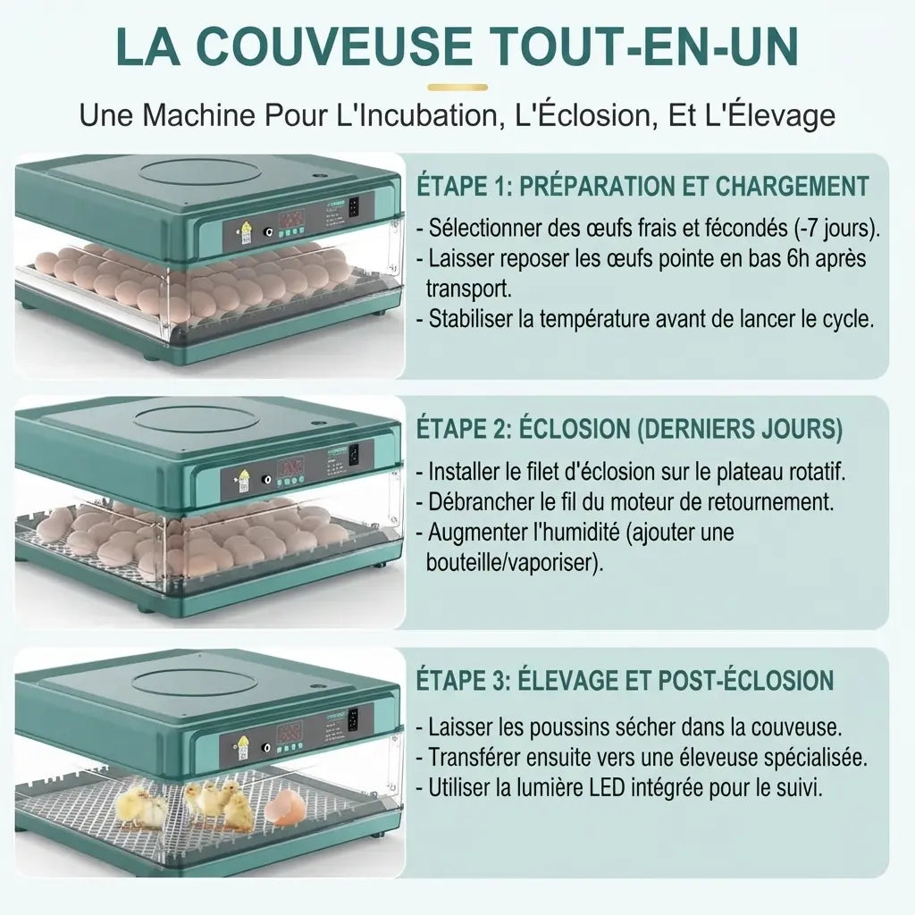 Les trois étapes de la couvée : préparation et chargement, éclosion, élevage après éclosion