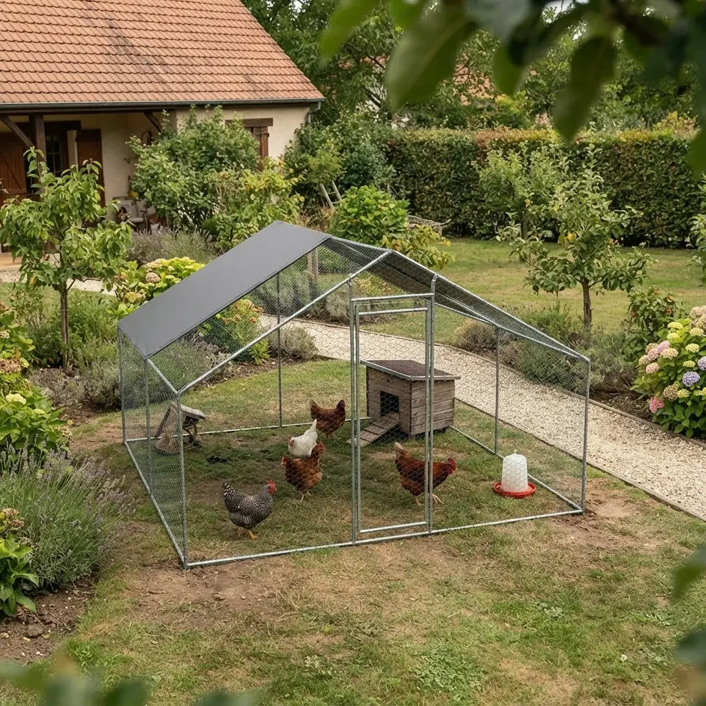 Enclos à poules de 12 m² installé dans un jardin, poules et abri en bois à l'intérieur