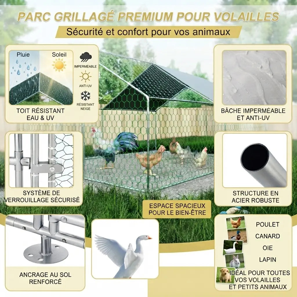 Caractéristiques de l'enclos, toit résistant à l'eau et aux UV, verrouillage, structure acier et ancrage au sol