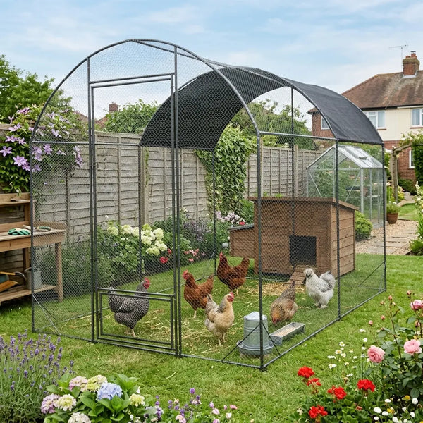 Enclos à filet renforcé dans un jardin fleuri, cinq poules autour d'un abri en bois et d'un abreuvoir