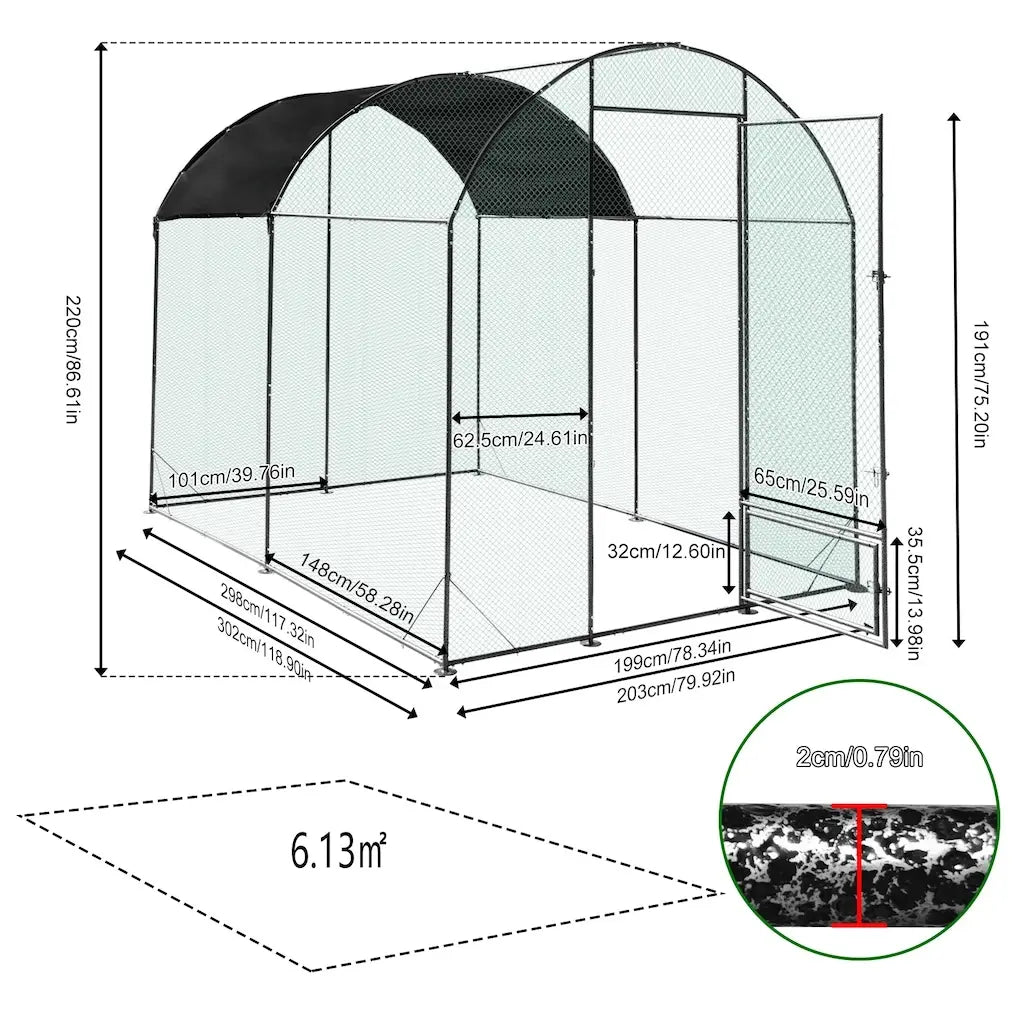 Plan coté de l'enclos : 302 cm de long, 203 cm de large, 220 cm au faîte, 6,13 m² au sol, tube de 2 cm