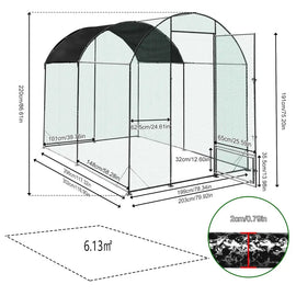 Plan coté de l'enclos : 302 cm de long, 203 cm de large, 220 cm au faîte, 6,13 m² au sol, tube de 2 cm