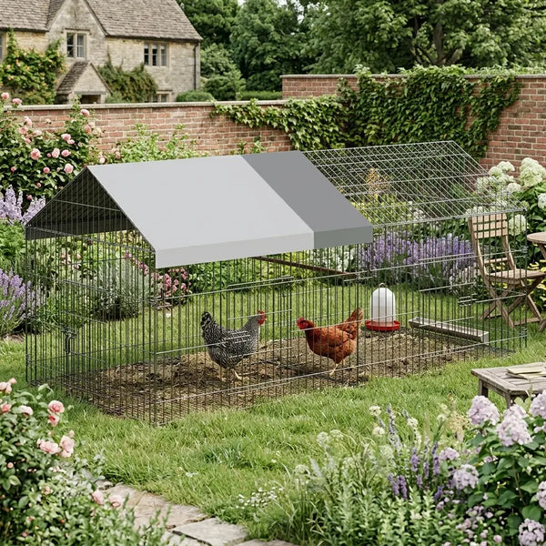 Enclos tunnel pliable posé dans un jardin clos de murs de briques, deux poules et un abreuvoir à l'intérieur