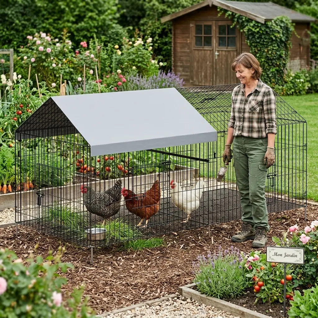 Éleveuse debout à côté de l'enclos tunnel installé au bord d'un potager, trois poules à l'intérieur
