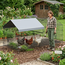 Éleveuse debout à côté de l'enclos tunnel installé au bord d'un potager, trois poules à l'intérieur