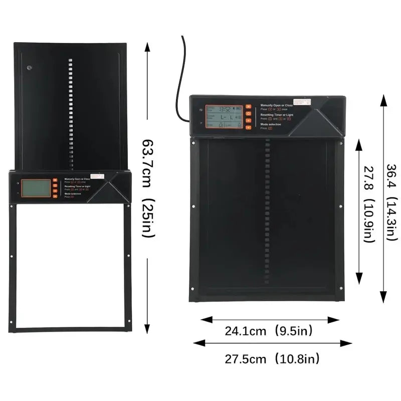 Fermeture solaire de poulailler vue de face et de profil avec ses cotes en centimètres et en pouces
