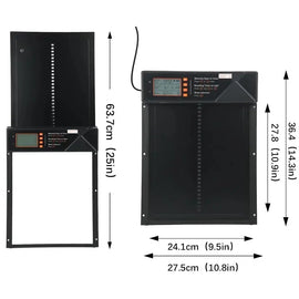 Fermeture solaire de poulailler vue de face et de profil avec ses cotes en centimètres et en pouces