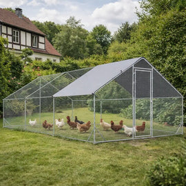 Enclos à poules de 18 m² installé sur une pelouse, une dizaine de poules à l'intérieur