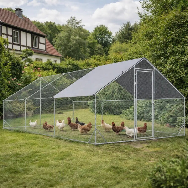 Enclos à poules de 18 m² installé sur une pelouse, une dizaine de poules à l'intérieur