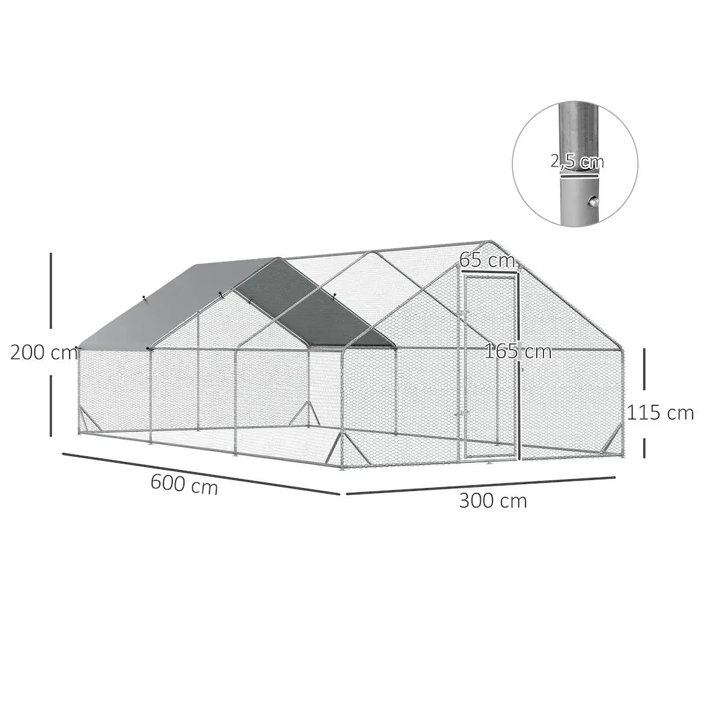 Plan coté de l'enclos : 600 cm de long, 300 cm de large, 200 cm au faîte, tube de 2,5 cm