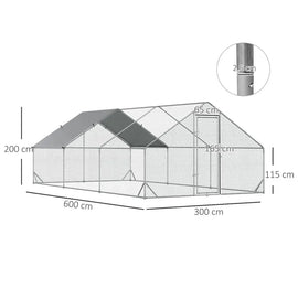 Plan coté de l'enclos : 600 cm de long, 300 cm de large, 200 cm au faîte, tube de 2,5 cm