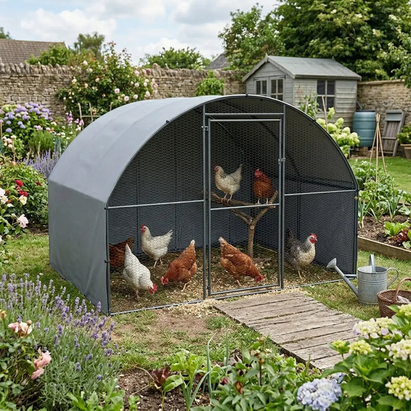 Grand poulailler galvanisé dans un jardin, six poules et un perchoir en bois à l'intérieur