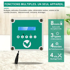 Boîtier du kit de fermeture posé sur une paroi en bois, huit mois d'autonomie et quatre modes de fonctionnement