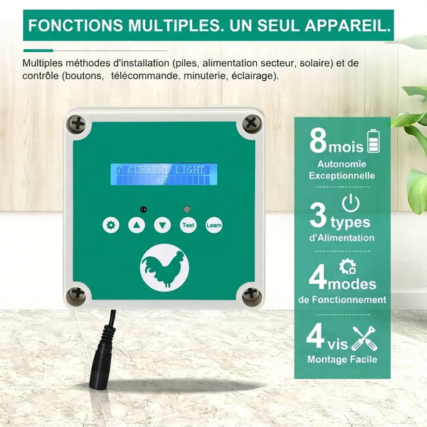 Boîtier du kit de fermeture posé sur une paroi en bois, huit mois d'autonomie et quatre modes de fonctionnement