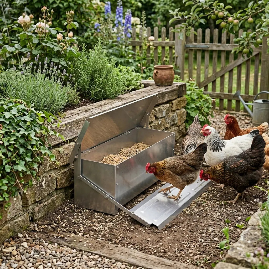 Quatre poules autour de la mangeoire anti nuisible ouverte dans un jardin, grain visible dans le bac