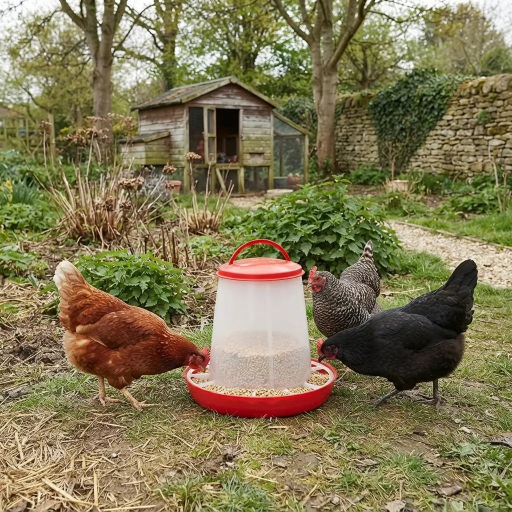 Poules autour de la mangeoire remplie de granulés dans un jardin