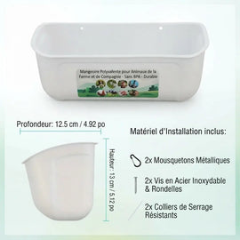 Dimensions de la mangeoire suspendue : 13 cm de haut, 12,5 cm de profondeur, et le matériel de fixation fourni