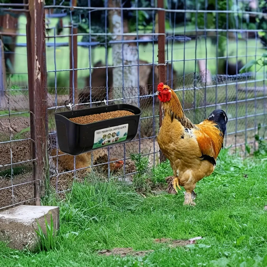 Mangeoire suspendue accrochée au grillage d'un enclos, un coq devant