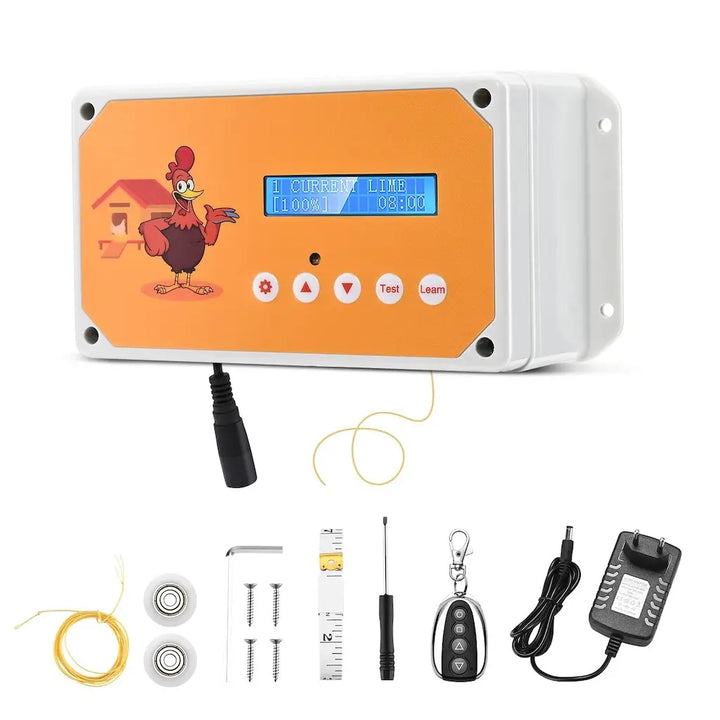 Contenu du moteur électrique : boîtier orange à écran, cordon de traction, deux poulies, visserie, clé Allen, tournevis, mètre ruban, télécommande et adaptateur secteur