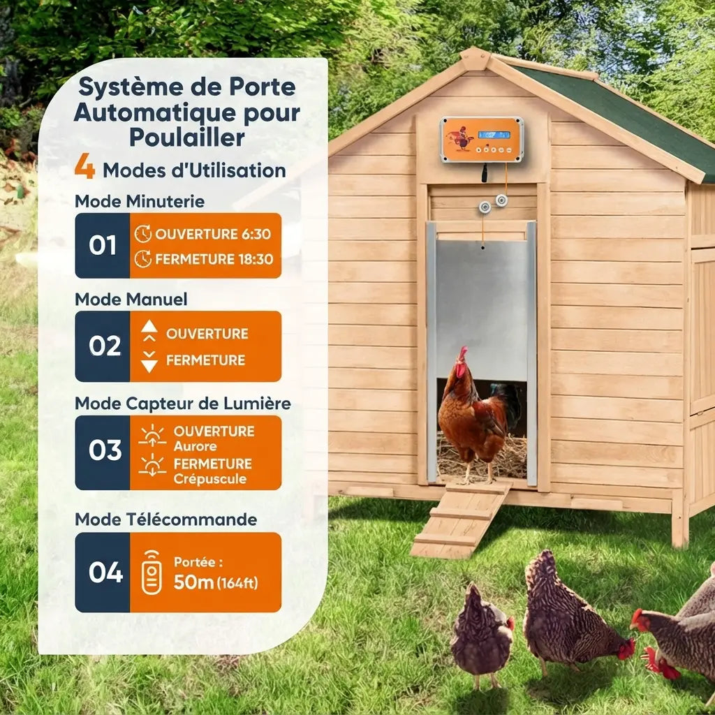 Les quatre modes du moteur électrique installés sur un poulailler en bois : minuterie, manuel, capteur de lumière et télécommande à 50 m