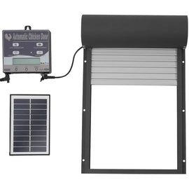 Ouvre-porte solaire de poulailler IP67 avec son boîtier de commande déporté, son panneau solaire et son volet à enroulement